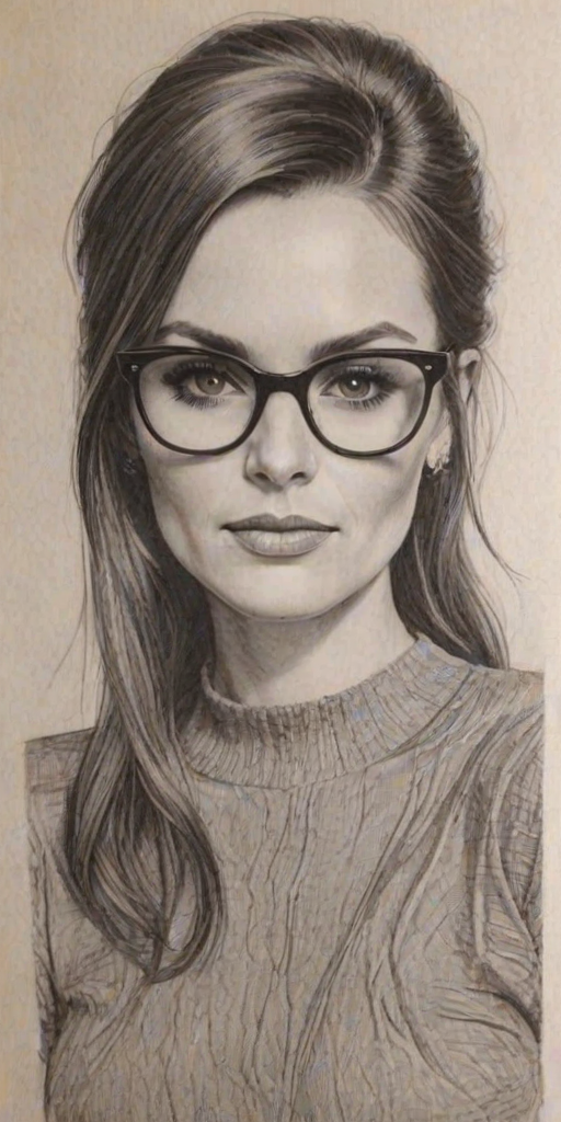 Charming Melanie Chisholm, pencil sketch, portrait of Dazzling woman 1967s in glasses, hair style beatnik, outline, clear lines, fine lines, 8k
