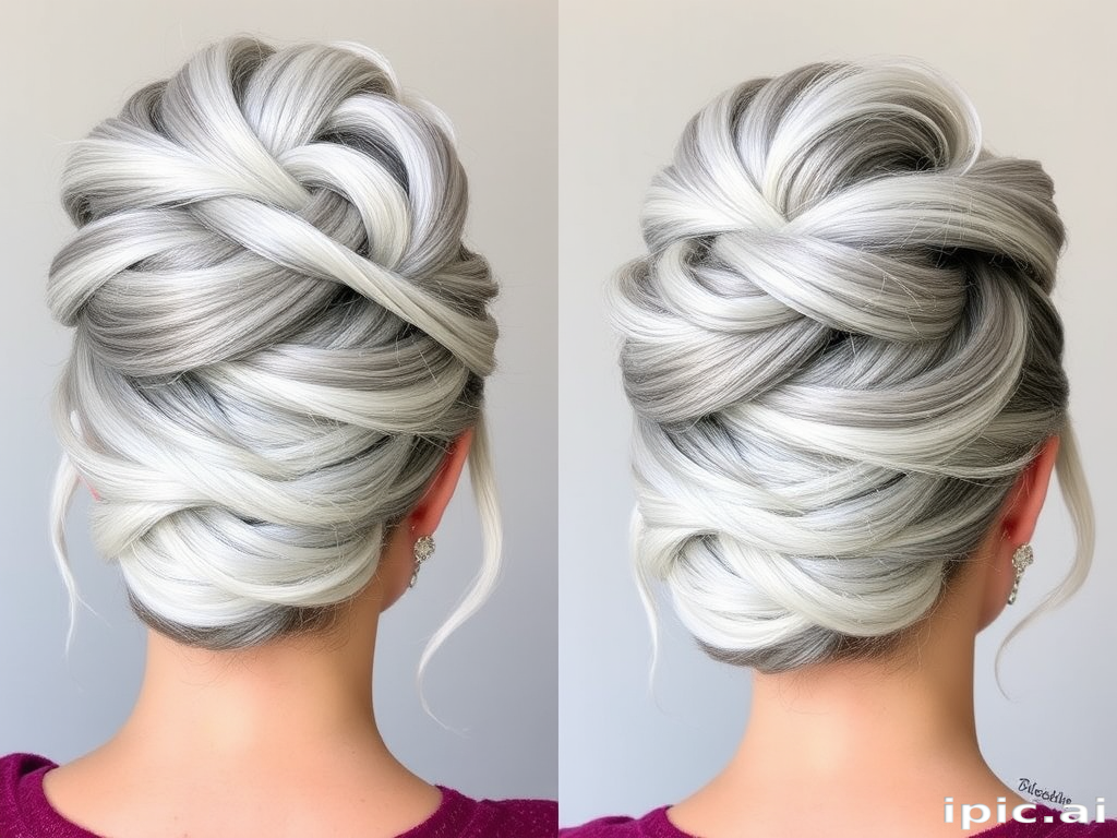 Elegant silver fox updo known as "Mercury Twist" showcasing a sophisticated blend of platinum and gray tones, styled into an intricate knotted bun with loose tendrils