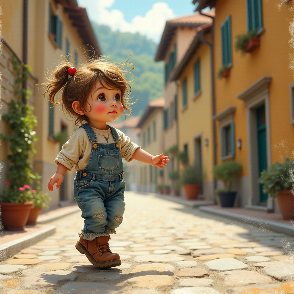 Whimsical little 3-year-old girl wearing scruffy tomboy clothes, boots, messy hair heavily blushed cheeks, pink lips, closely dancing in the street of an Italian village,Textured painterly fantasy artistic mixed media