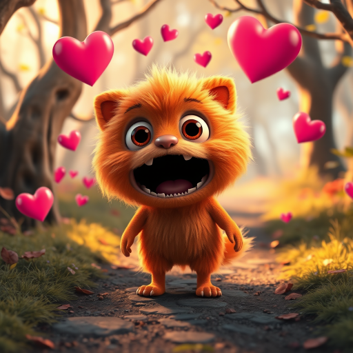A fluffy orange creature with large eyes and a wide open mouth stands on a path in a whimsical forest, bright pink and red hearts float through the air, the creature has a surprised expression, the light is warm and soft, photorealistic, digital art, 3D style