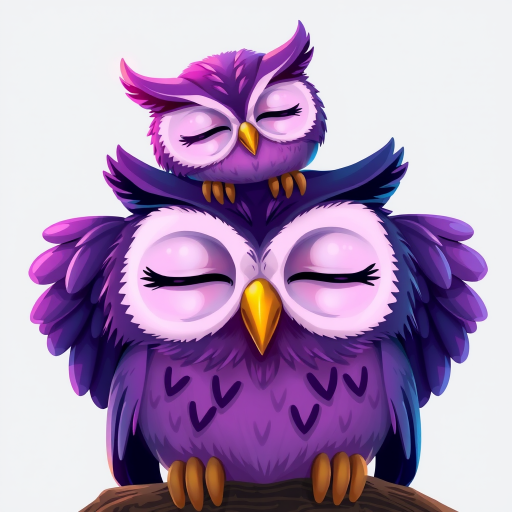 Create a vibrant and detailed illustration of two cartoon owls, one perched above the other, with deep purple and blue hues, eyes closed in a serene expression, using a digital painting style, captured from a front view with soft lighting, utilizing a high-resolution camera setting of 300 DPI for crisp detail.