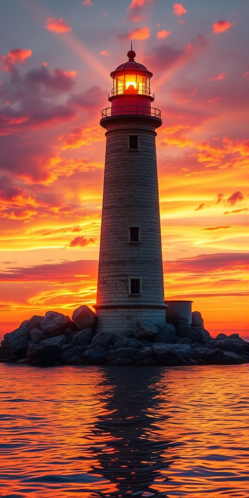 Generate an image of a tall lighthouse perched on a rocky outcrop surrounded by calm ocean waters during a breathtaking sunset. The lighthouse stands sturdy and weathered, its stone surface illuminated by the warm golden light of the setting sun. The sun's rays pass directly through the glass lantern room at the top of the lighthouse, casting a brilliant light across the scene. The sky is painted with vibrant shades of orange, pink, and purple, reflecting off the tranquil sea. The surrounding water shimmers with the same warm hues, creating a serene and majestic atmosphere.