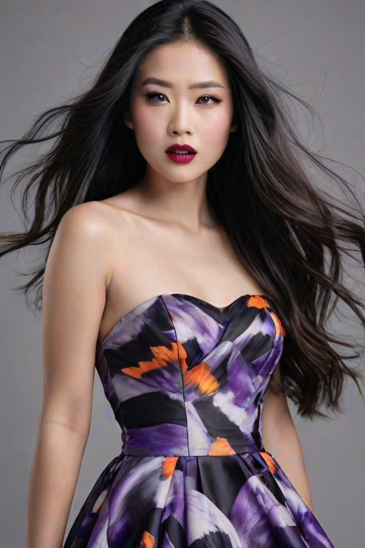 Photographic image of a beautiful young Asian woman, blue eyes, lips with black lipstick, long hair fluttering in the wind and wearing a silk strapless dress with a soft purple and orange print. monochrome image with only color highlights in the iris of the eyes, lipstick and dress. Gray background.