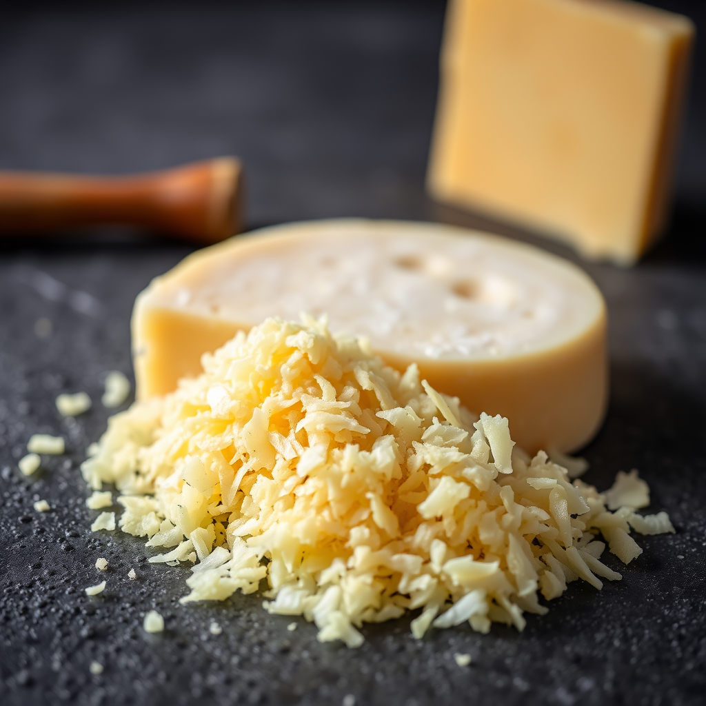 high-quality image of grated cheese next to a block of cheese on a textured black surface, soft natural lighting, focus on cheese texture, shallow depth of field, ISO 100, f/2.8, 50mm lens, DSLR camera