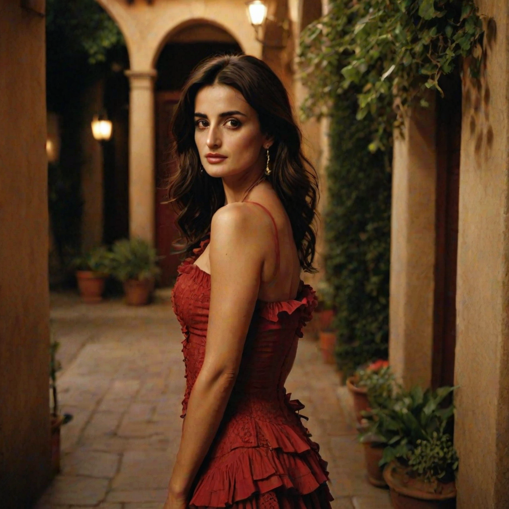 Alluring photograph of Penelope Cruz, celebrated for her performances in "Vicky Cristina Barcelona" and "Volver," capturing her sultry gaze, long dark hair, and full lips, dressed in a flamenco-inspired red dress with ruffles, posed gracefully in a dimly lit Spanish courtyard.