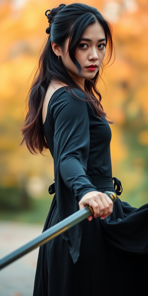 A woman in a flowing black dress holds a katana with a serene expression, soft focus background with warm autumn colors, natural lighting, f/2.8 aperture, 1/200 sec shutter speed, 85mm lens, shot with a DSLR camera in portrait orientation.