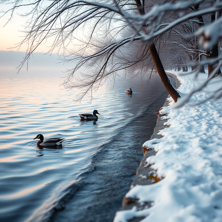 snowy lakeside at dawn with gentle waves and ducks swimming, taken with a Canon EOS R5, 24mm lens, aperture f/8, ISO 100, 1/200 sec, soft pastel colors, serene atmosphere, focus on the water and snowy branches