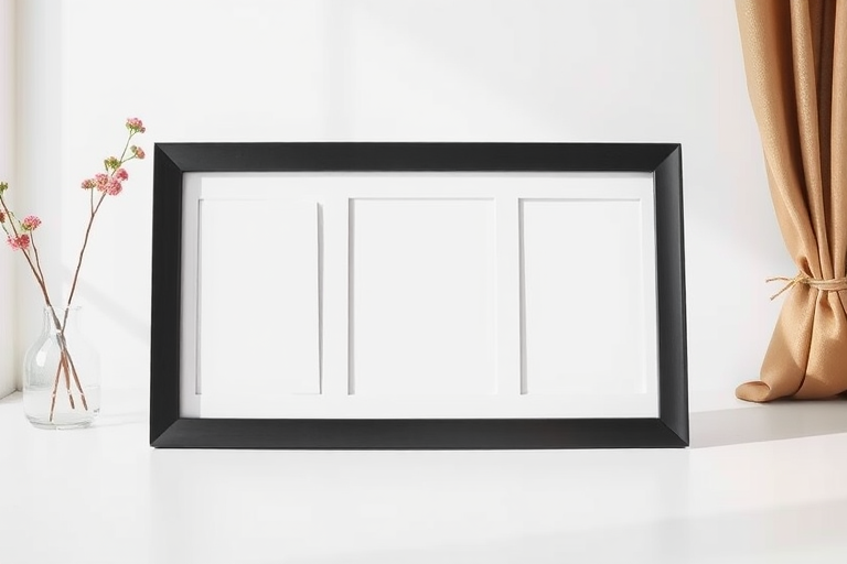Create a high-resolution image of a black anniversary photo frame with three empty square placeholders on a clean white background using a DSLR camera, 50mm lens, aperture f/2.8, shutter speed 1/200s, ISO 100, with soft natural lighting from a window.