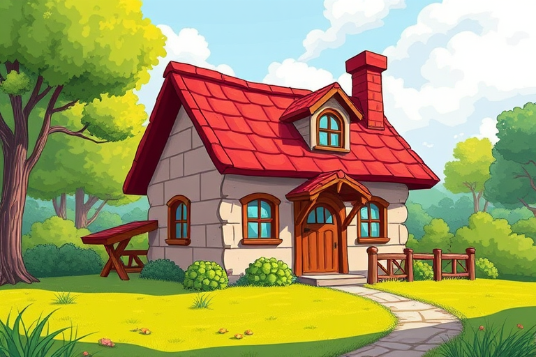 create a vibrant cartoon-style illustration of a whimsical house with a red roof and chimney, set on a green lawn, captured with a DSLR camera at f/8 aperture, ISO 100, 24mm lens, shot from a low angle view to enhance depth and color saturation