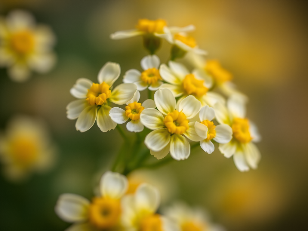 close-up of a cluster of yellow and white flowers with a soft blurred background, ISO 100, f/2.8, 1/200 sec, 85mm lens, natural light, macro photography