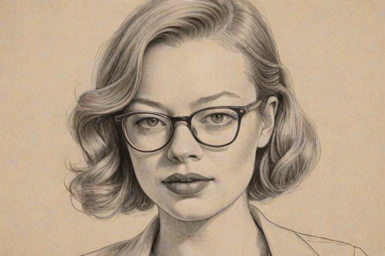 Magnificent Sarah Snook, pencil sketch, portrait of Appealing woman 1935s in glasses, hair style beatnik, outline, clear lines, fine lines, 8k