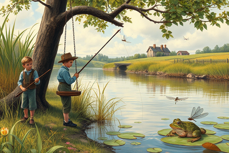 Imagine a small group of old fashioned young boys out fishing by the creek, a swing hanging from a tree branch, reeds and grasses by the water's edge, a frog sitting on a lily pad, dragonflies hovering over som water plans, a very iconic old fashioned scene reminiscent of a Norman Rockwell painting style