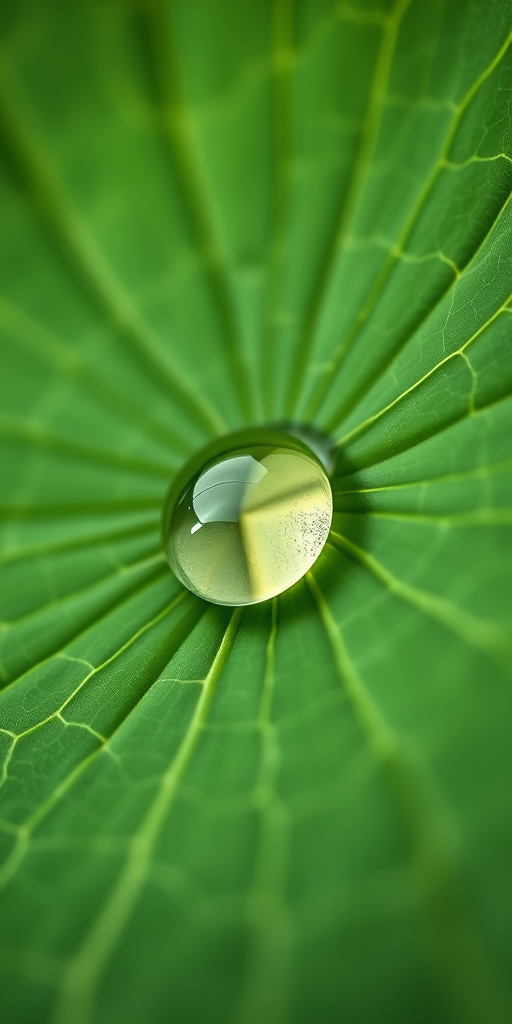 macro shot of a single water droplet on a green lotus leaf with intricate vein details, using a DSLR camera with a 100mm macro lens, aperture f/2.8, ISO 100, shutter speed 1/250 sec, natural lighting, focus on the droplet to enhance detail and clarity.