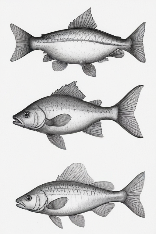 Distinct Fish Detailed Illustration of Three Distinct Fish Species in Black and White