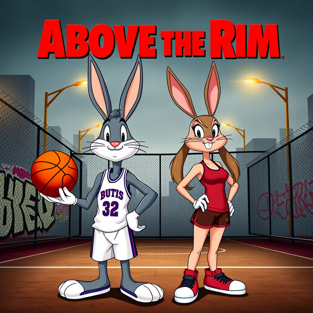 Design an Above the Rim poster featuring Bugs Bunny as Kyle and Lola Bunny as Shep. Bugs is dressed in a basketball jersey and shorts, holding a basketball with a confident expression, while Lola stands beside him in athletic gear, looking determined. The background features an urban basketball court with a wire fence, streetlights, and graffiti. The title "Above the Rim" appears in bold red letters at the top, keeping the original street basketball vibe