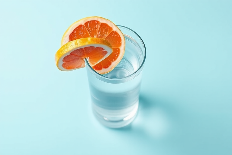 Create a high-resolution image of a clear glass filled with water, garnished with a vibrant slice of grapefruit on the rim, set against a pastel blue background, captured with a DSLR camera, 50mm lens, f/1.8 aperture, ISO 100, natural lighting, top-down view.