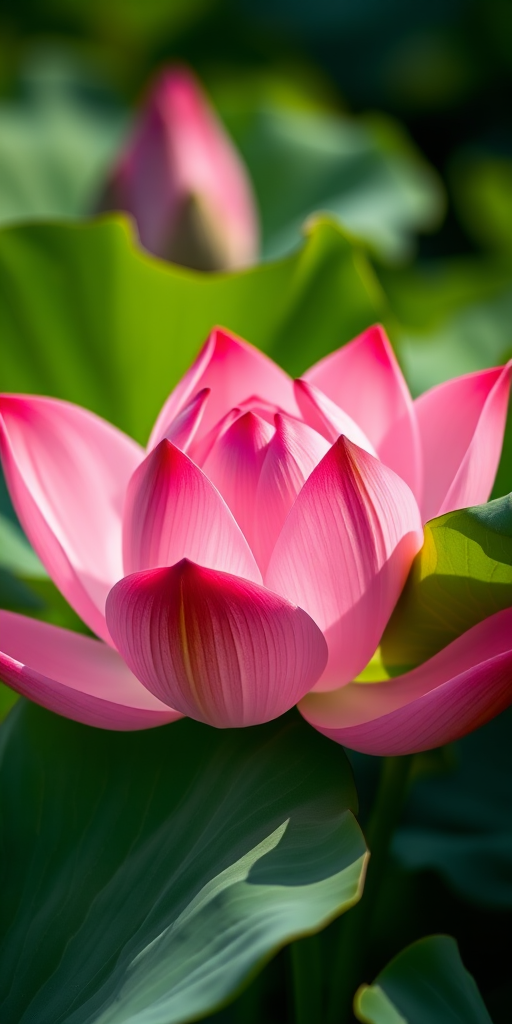 A close-up shot of a blooming pink lotus flower surrounded by green leaves, taken with a Canon EOS 5D Mark IV, 50mm lens, aperture f/1.8, shutter speed 1/200s, ISO 100, in soft natural light for enhanced color vibrancy and depth of field.