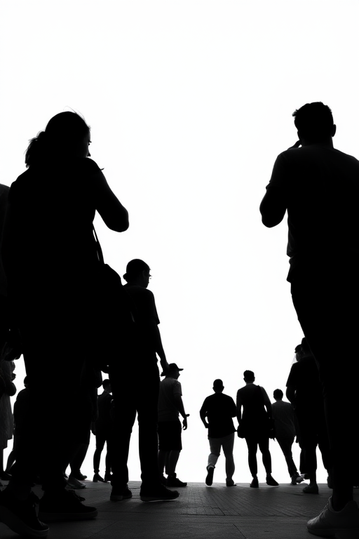 silhouetted figures of a crowd against a plain white background, wide-angle view, f/8 aperture, ISO 100, 24mm lens, natural lighting, digital SLR camera
