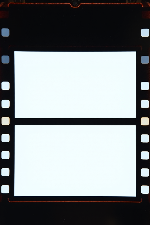 Create a high-resolution image of a film strip with five blank frames, shot with a DSLR camera at 50mm focal length, aperture f/1.8, ISO 100, in a straight-on view with natural lighting to enhance clarity and detail.