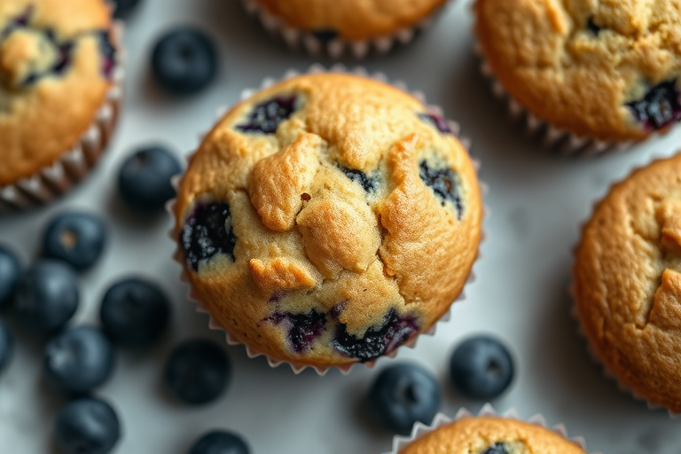 Create a hyper-realistic image of a blueberry muffin with a focus on texture and details, shot with a Canon EOS R5 at f/2.8, ISO 100, 1/60 sec, in soft natural light, top-down view, with a shallow depth of field.