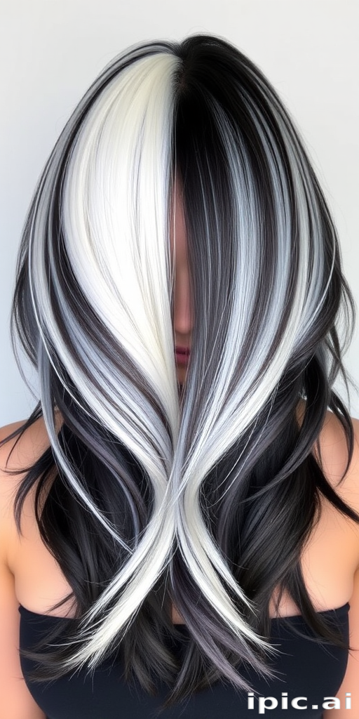 Striking platinum and onyx two-tone hairstyle called "Yin Yang Harmony" features a perfectly balanced split down the middle, showcasing contrasting textures and lengths