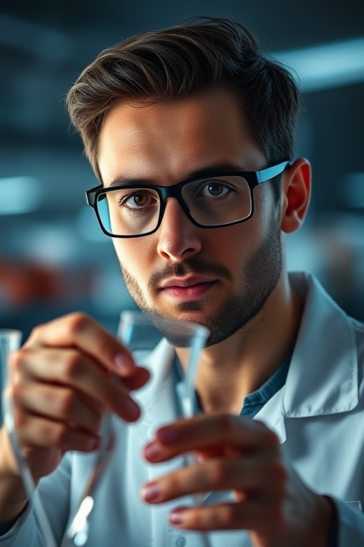 Portrait of a scientist in a dimly lit lab, focused on a beaker, using a DSLR camera with a 50mm lens, f/1.8 aperture, ISO 200, 1/125 sec shutter speed, shallow depth of field, soft lighting, high contrast colors.