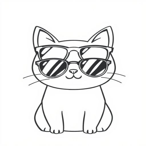 Create a simple line drawing of a cute cat wearing sunglasses with a small smile on a textured white background.