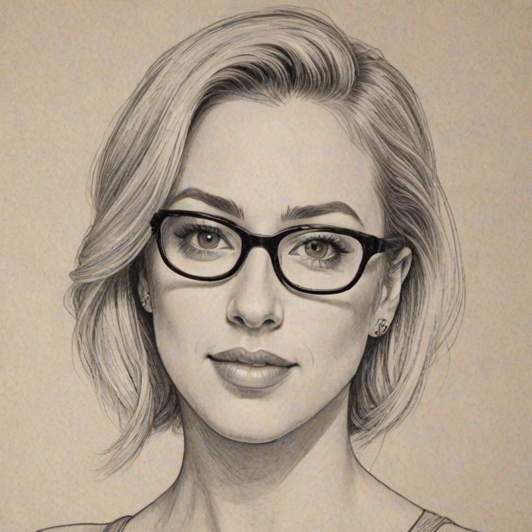 Attractive Iliza Shlesinger, pencil sketch, portrait of Exquisite woman 1942s in glasses, hair style beatnik, outline, clear lines, fine lines, 8k