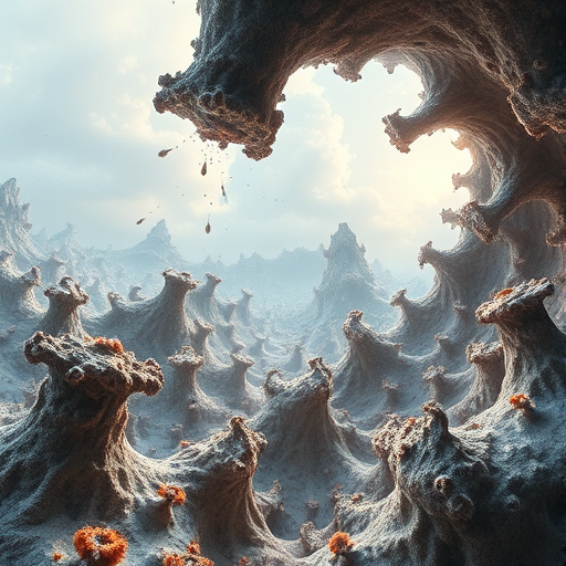 Generate a highly detailed fractal landscape with intricate textures, soft lighting, and a surreal atmosphere, captured with a DSLR camera at f/8 aperture, ISO 100, shutter speed 1/125s, using a wide-angle lens at a 24mm focal length, in a high-resolution format.