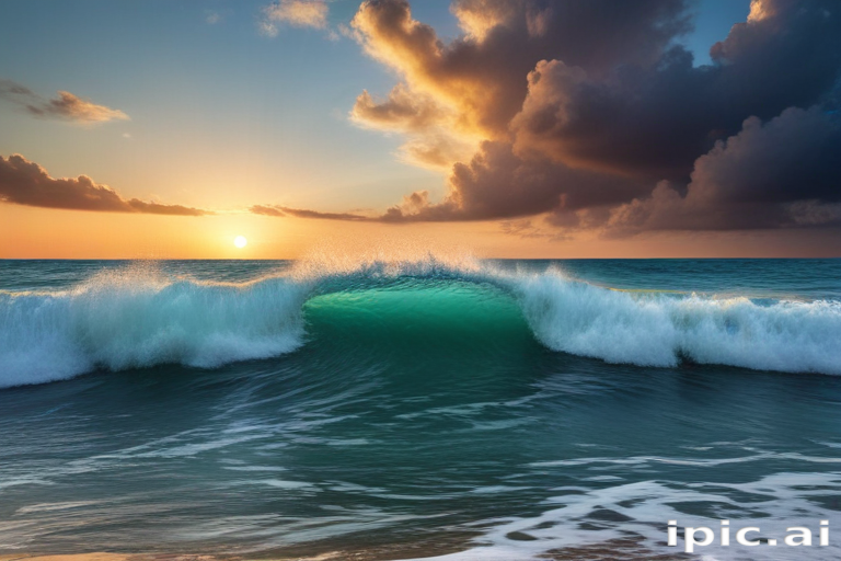 Vibrant Sunset Over Tranquil Ocean Waves Under Dramatic Cloudy Skies