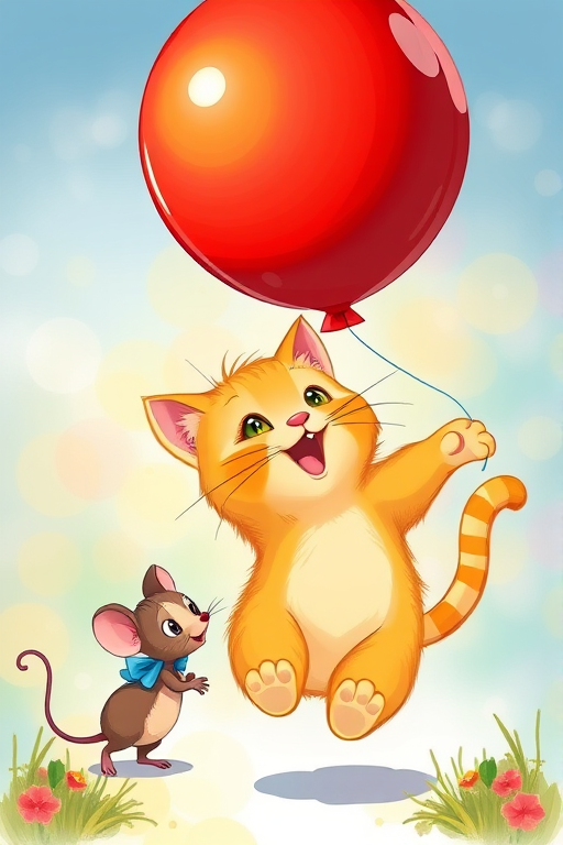 Create a colorful illustration of a playful yellow cat jumping towards a bright red balloon, accompanied by a cute brown mouse with a blue bow, high-resolution digital art style, 50mm lens, f/2.8 aperture, ISO 100, vibrant colors with a soft focus background.
