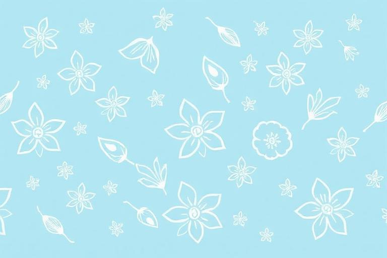 Floral pattern design with white hand-drawn elements on a soft blue background, captured with a Canon EOS R5, 50mm lens, f/2.8 aperture, ISO 100, in natural light for a vibrant and clear image.