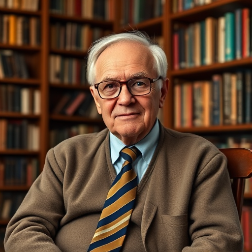 Create a portrait of an elderly man with glasses and a striped tie seated in a cozy library filled with books, using a Canon EOS R5 with a 50mm lens, aperture set to f/1.8, ISO 100, and soft natural lighting for a warm atmosphere.