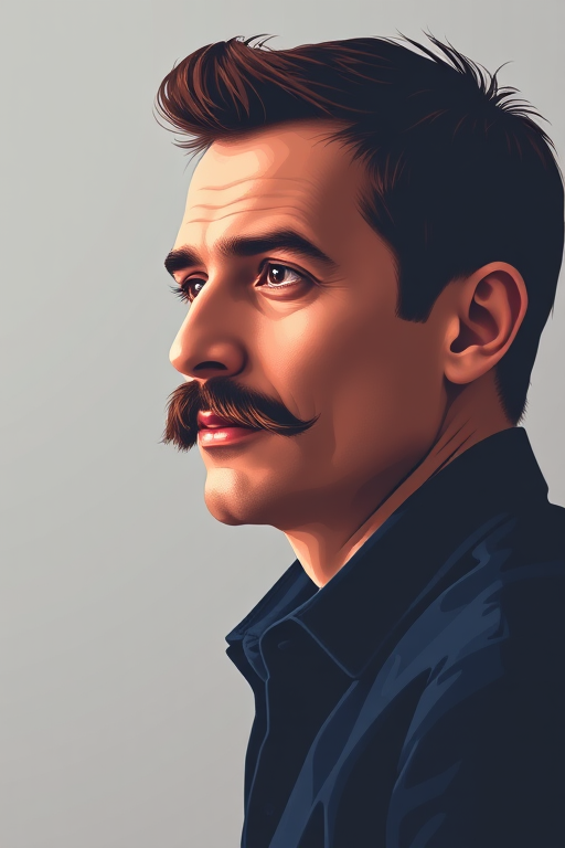 Create a high-quality vector illustration of a man with a mustache, facing slightly to the left, using a 50mm lens, f/2.8 aperture, natural light, and a soft focus effect for a professional portrait style.