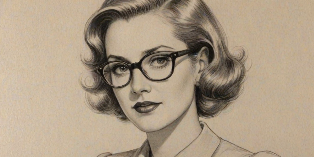Appealing Jacklyn Zeman, pencil sketch, portrait of Elegant woman 1935s in glasses, hair style beatnik, outline, clear lines, fine lines, 8k