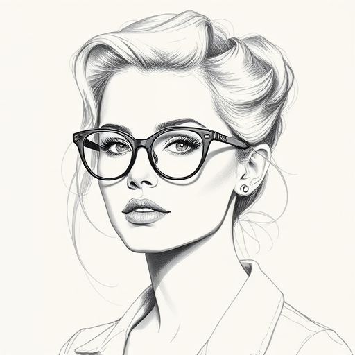 Beautiful Margot Robbie, pencil sketch, portrait of beautiful woman 60s in glasses, hair style beatnik, outline, clear lines, fine lines, 8k