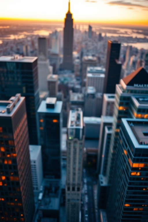 high-angle view of a modern city skyline at sunset, focus on contemporary architecture, softly blurred background, ISO 100, f/8, 1/125 sec, landscape orientation, DSLR camera, wide-angle lens
