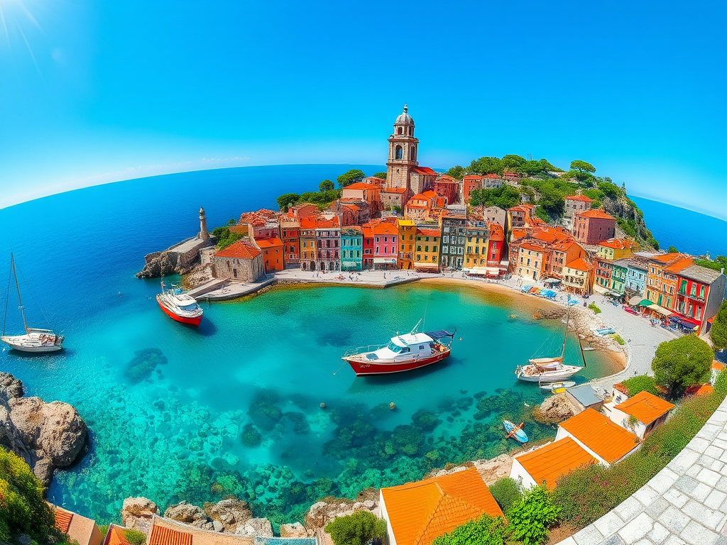 Generate a high-resolution illustration of a picturesque coastal village with colorful houses, a prominent bell tower, and boats in the crystal-clear water, captured in bright daylight with vibrant colors, using a DSLR camera, 50mm lens, f/8 aperture, ISO 100, and a panoramic view to emphasize the scenery.
