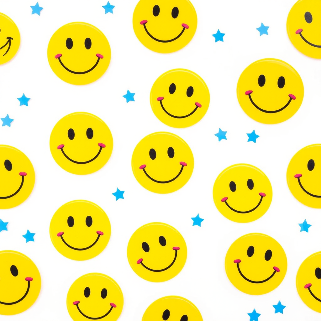 Create a repeating pattern of playful yellow smiley faces with varying expressions on a white background, featuring small blue stars interspersed, captured with a DSLR camera, 50mm lens, f/2.8 aperture, ISO 100, and natural lighting to enhance clarity and vibrancy.