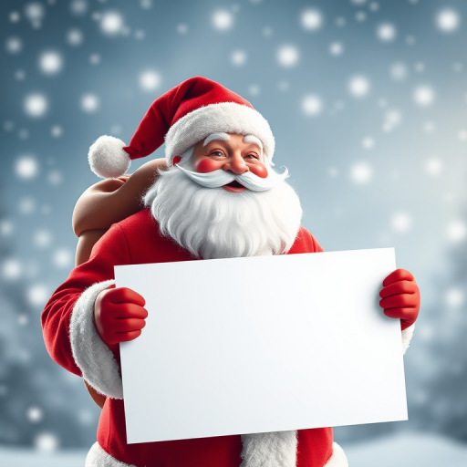 Create a digital illustration of a cheerful Santa Claus with a fluffy white beard, wearing a red suit and hat, holding a blank sign, set against a snowy background with gentle white snowflakes falling, using a Canon EOS R5, 50mm lens, f/2.8 aperture, 1/200 sec shutter speed, and a soft focus style for a warm and inviting atmosphere.