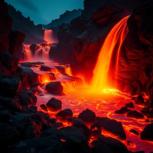 Create an image of a volcanic landscape featuring flowing lava waterfalls cascading into a molten river, capturing the intense glow of the lava against dark rocky formations, using a DSLR camera with a 24mm lens, aperture f/8, ISO 100, 1/125 sec shutter speed, shot from a low angle to emphasize the scale and drama of the scene, in vivid colors for enhanced detail and depth.