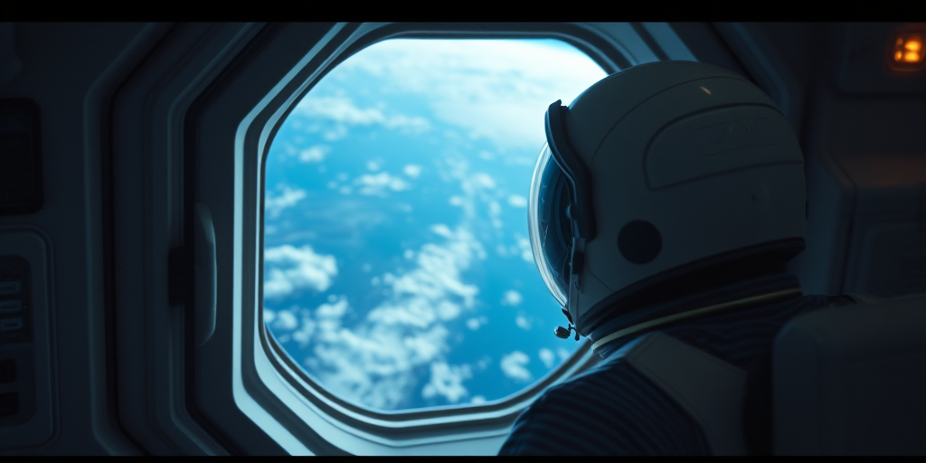 Create a hyper-realistic image of an astronaut gazing out of a spaceship window at Earth, using a Canon EOS R5 with a 50mm f/1.2 lens, aperture set to f/2.8, ISO 100, and a shutter speed of 1/200s, in a low-light environment to enhance details and contrast.