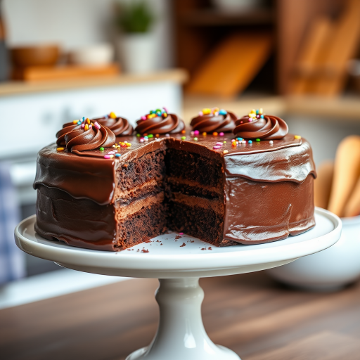 Create an image of a rich chocolate cake with a smooth, dark chocolate frosting. The cake should be round, with several layers visible where a slice has been cut, revealing the moist interior. Top the cake with beautifully piped chocolate swirls and colorful sprinkles for a festive touch. Place the cake on a simple white cake stand, and include a blurred background of a cozy kitchen setting to enhance the inviting atmosphere of the dessert. The lighting should be warm and appetizing to highlight the cake's texture and appeal.
