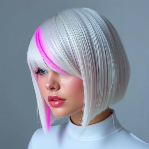 Sleek platinum blonde bob with razor-sharp edges and a single neon pink streak running asymmetrically through the fringe, exuding futuristic chic energy known as Cyber Frost