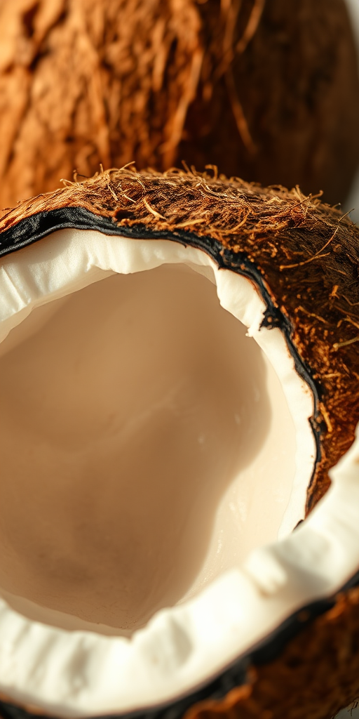 Create a high-resolution illustration of a cracked coconut with a clean, shiny interior, using a macro camera view at f/2.8 aperture, 50mm lens, natural lighting, and a depth of field effect to emphasize texture and detail.