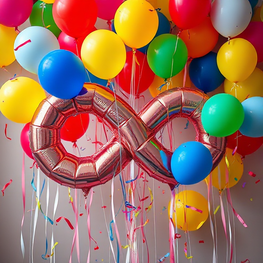 create an image of an infinite symbol made of colorful balloons with confetti cascading down, shot with a DSLR camera using a 50mm lens, aperture f/2.8, shutter speed 1/100 sec, ISO 200, from a high angle for a vibrant and festive atmosphere