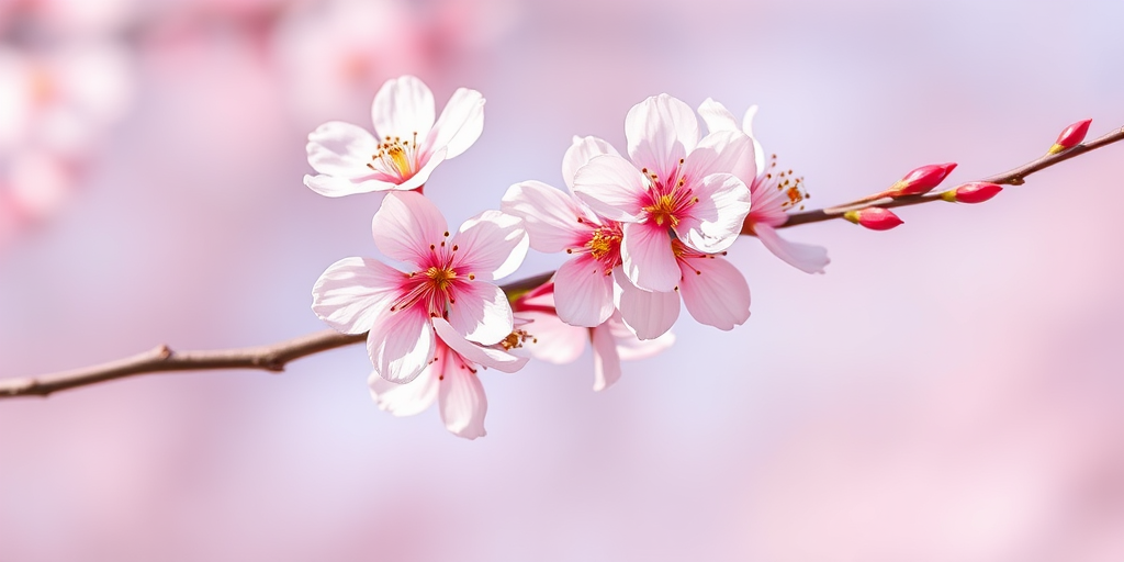 Create a high-resolution illustration of cherry blossoms on a branch with a smooth gradient background, using a Canon EOS 5D Mark IV with a 50mm f/1.8 lens, aperture set to f/2.8, ISO 100, and a focal length of 50mm, capturing a detailed and vibrant composition in natural light.