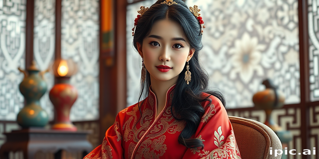 A beautiful woman in traditional East Asian attire, intricately detailed with embroidered patterns, sitting gracefully in a richly decorated room, soft ambient lighting, serene and elegant, ultra-realistic, 8K resolution