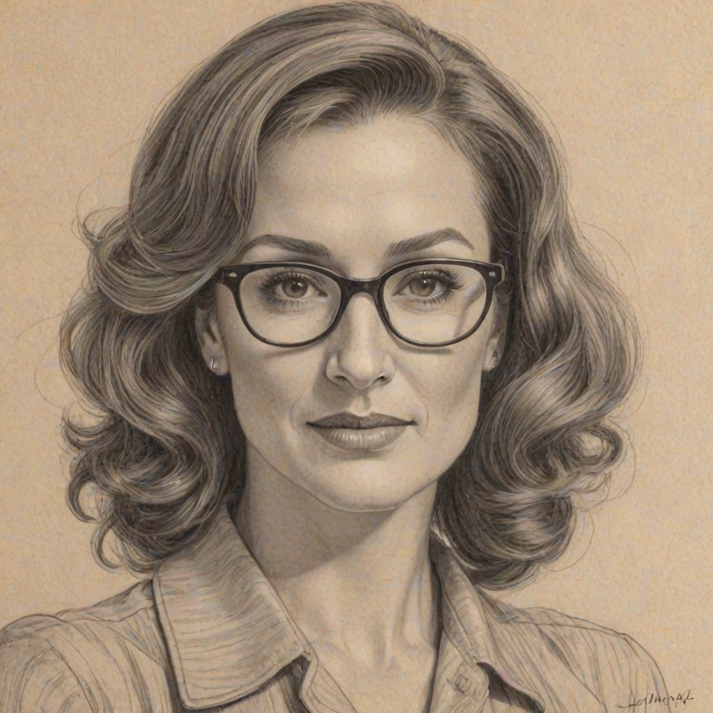 Radiant Lisa Ann Walter, pencil sketch, portrait of Dazzling woman 1938s in glasses, hair style beatnik, outline, clear lines, fine lines, 8k