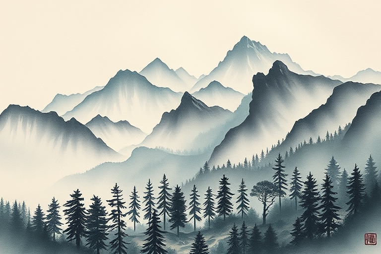 Create a detailed and realistic fan-shaped painting of mountains and trees in a serene landscape, using soft ink wash techniques, captured with a high-resolution DSLR camera at f/8 aperture, ISO 100, 50mm lens, natural lighting, focusing on soft textures and subtle color gradients.